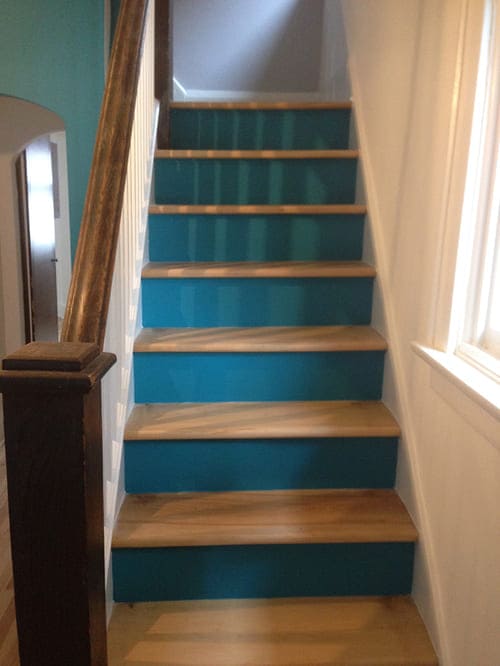 painting of staircase in blue paint colour by painters in Ottawa PG PAINT & DESIGN