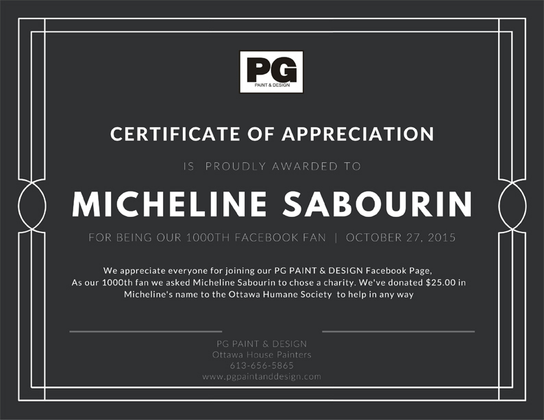 certificate of appreciation award 1000th Facebook fan for PG PAINT & DESIGN Ottawa Painters